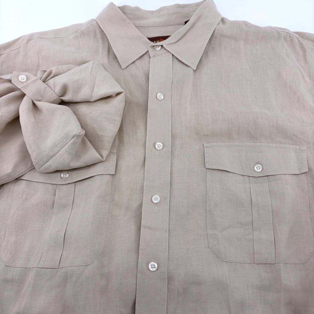 Oak Hill Mens 3XLT Linen Button Down Shirt Tan Beige Long Sleeve Tall Pocket